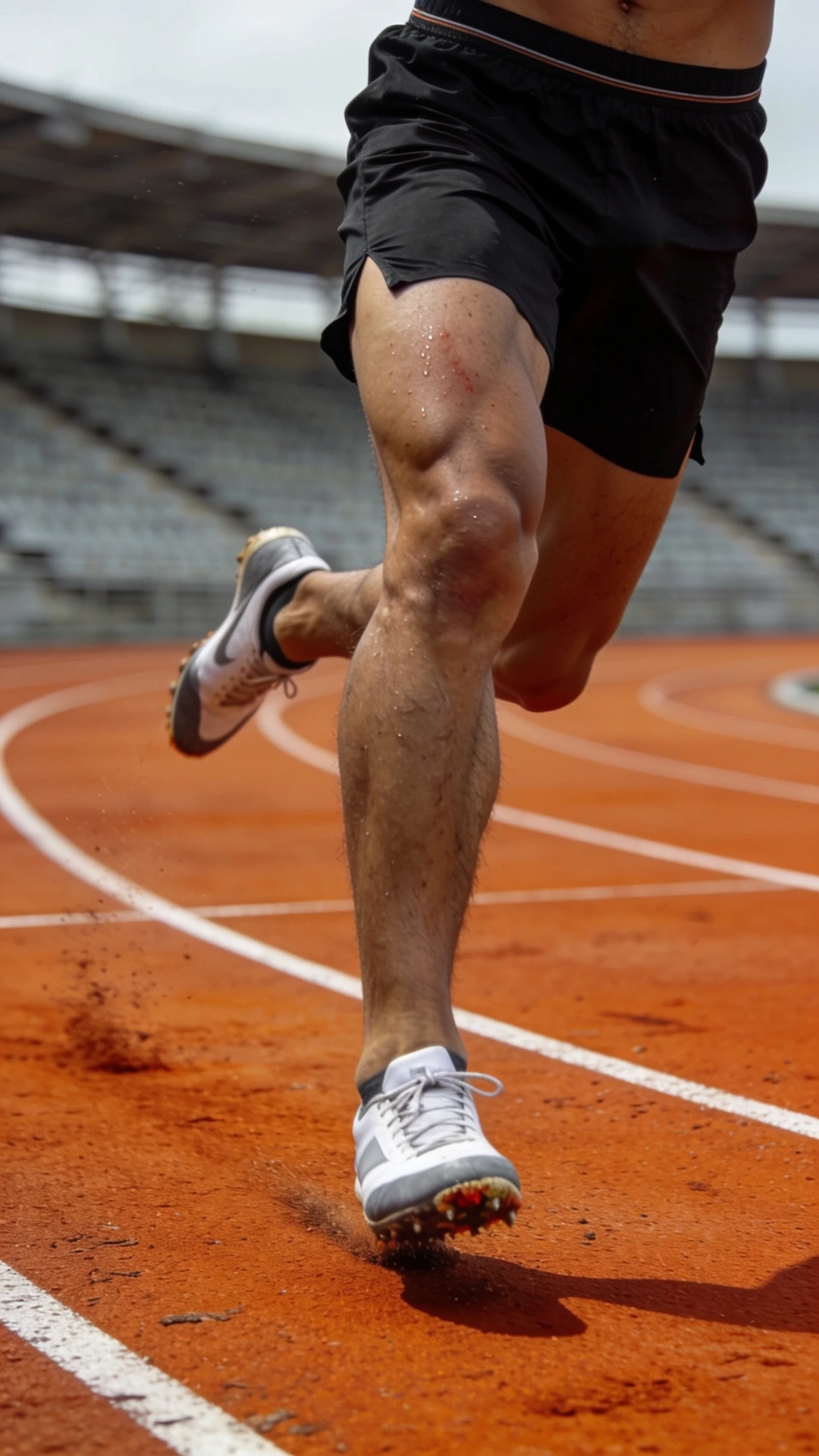 Runner's legs in black shorts mid-stride on an orange running track, spikes kicking up grit