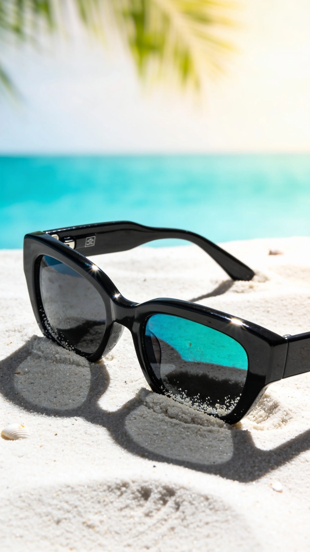 Black chunky sunglasses resting on white sand with turquoise sea and a palm frond behind them