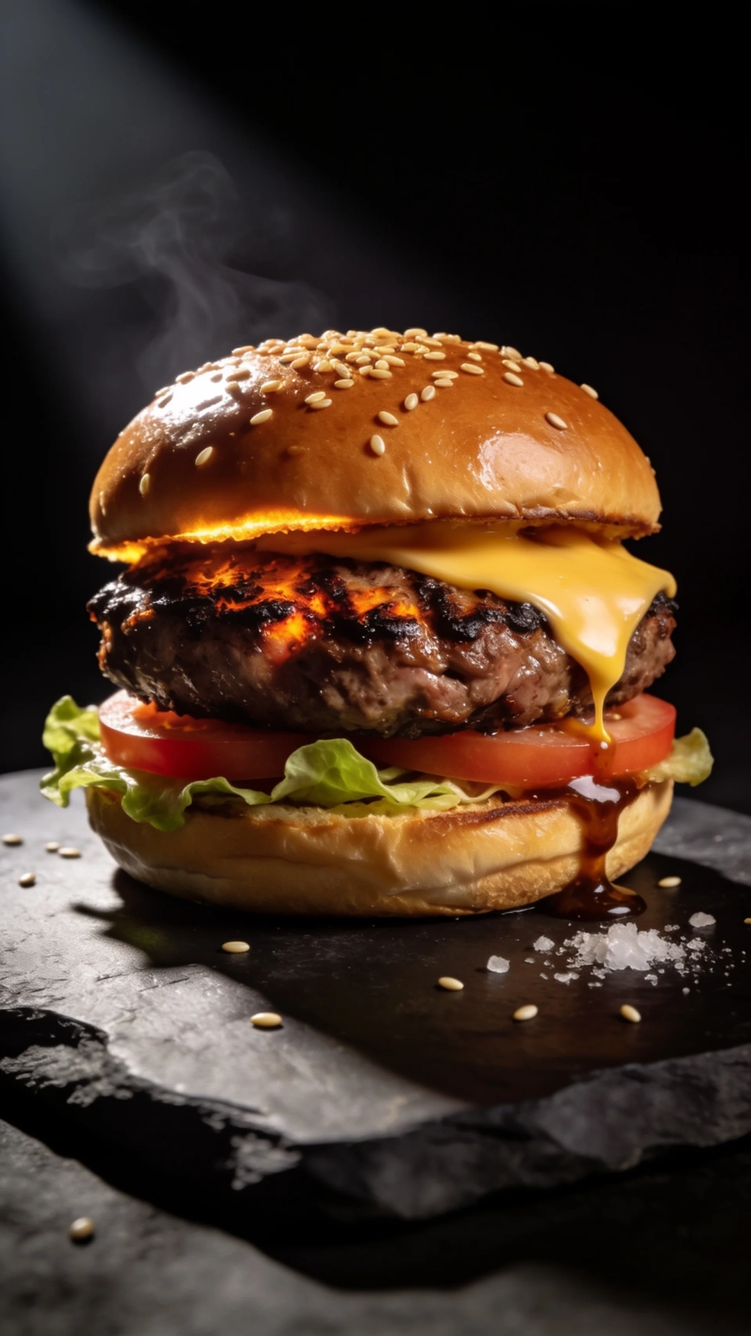 Cheeseburger with a sesame bun, lettuce and tomato steaming on dark slate against a black background
