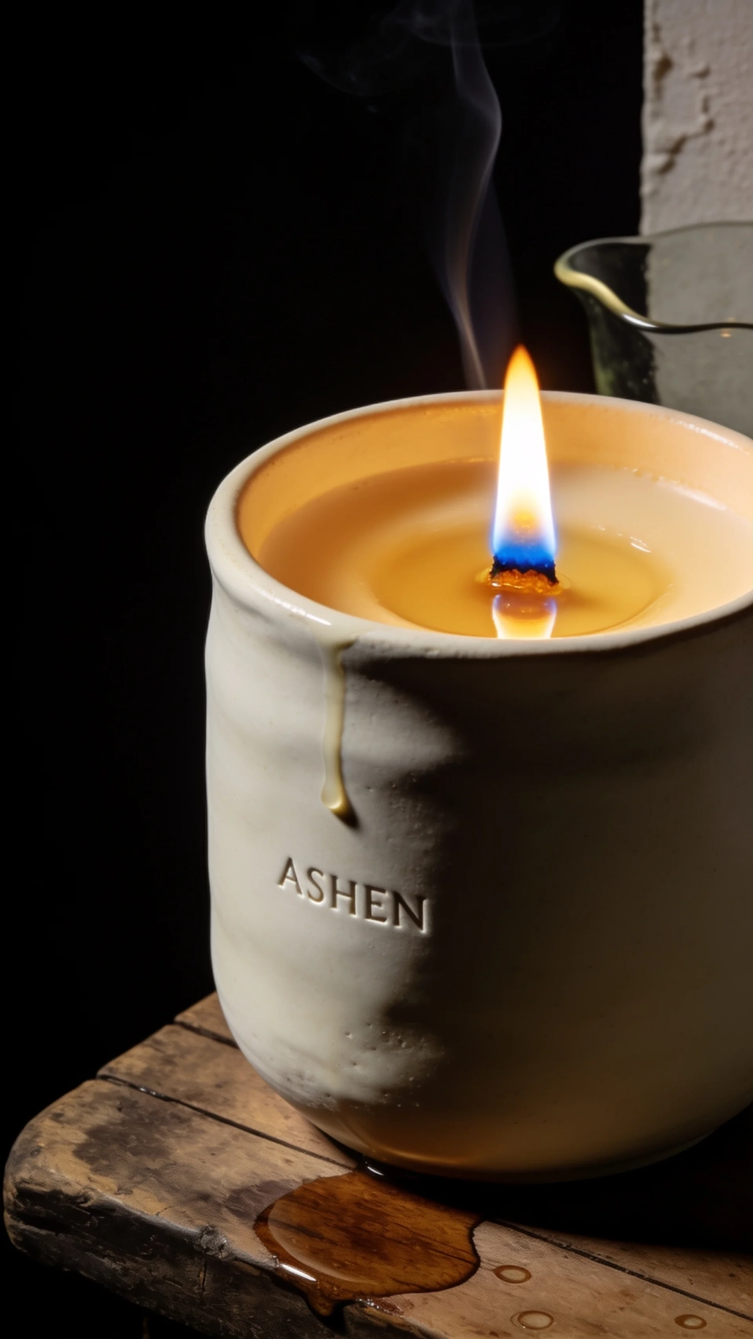 Lit ASHEN candle in a white ceramic vessel on a wooden stool, flame and smoke against a dark wall
