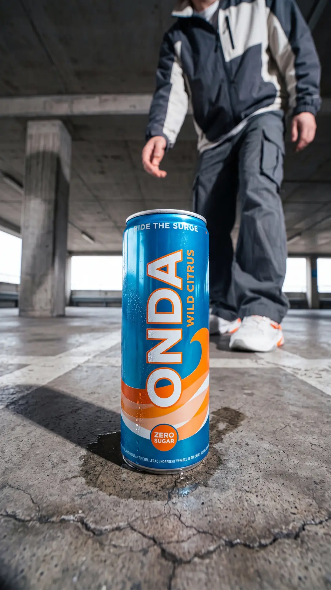 ONDA Wild Citrus energy drink can standing on wet concrete in a parking structure, a person in a grey tracksuit walking past behind it