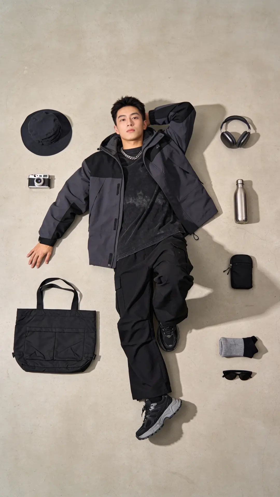 Overhead flat lay of a model in a grey and black shell jacket lying on concrete, surrounded by a tote bag, camera, headphones, flask and sunglasses