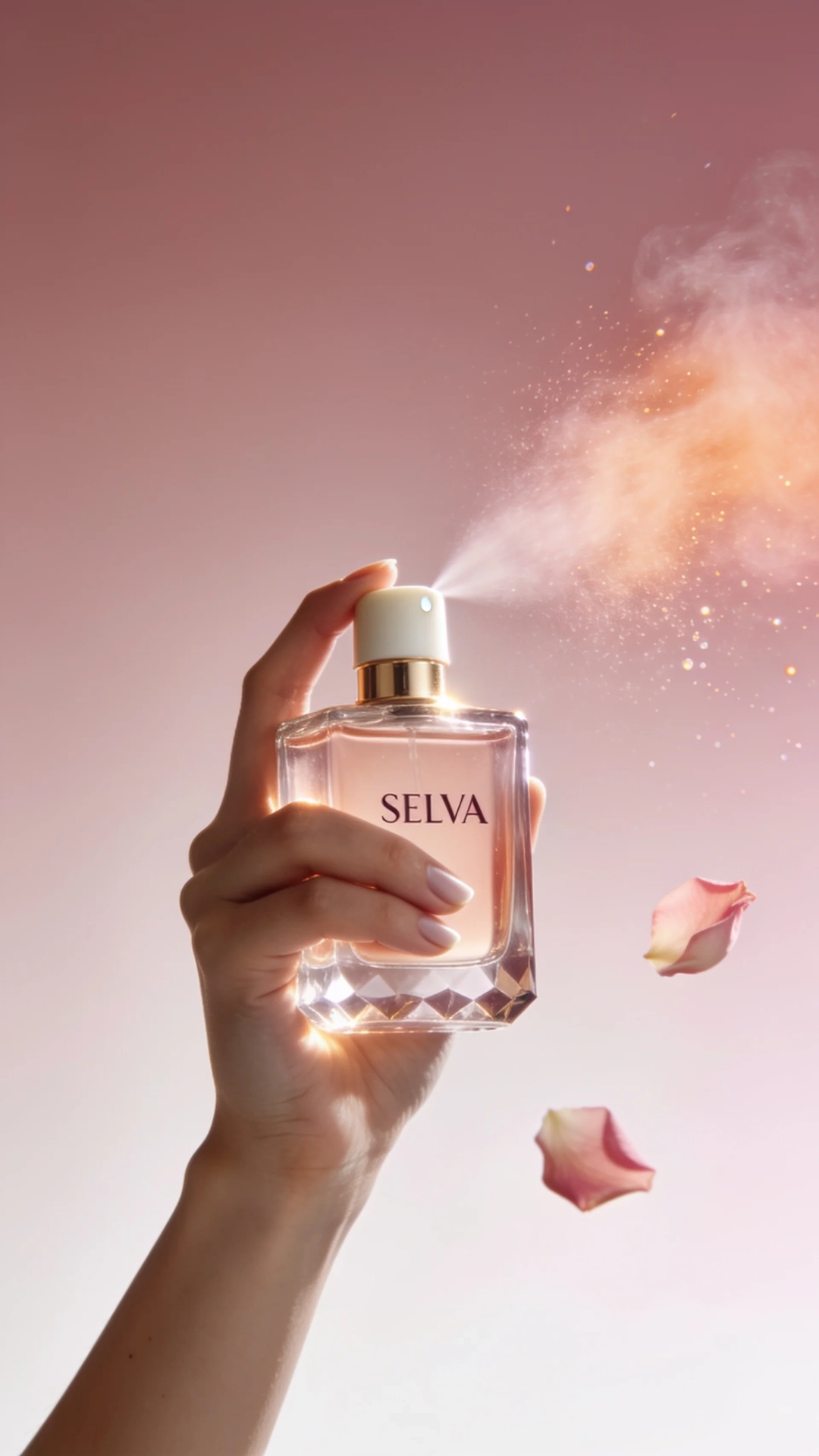 Hand holding a SELVA perfume bottle mid-spray against a dusky pink background, petals falling through the mist