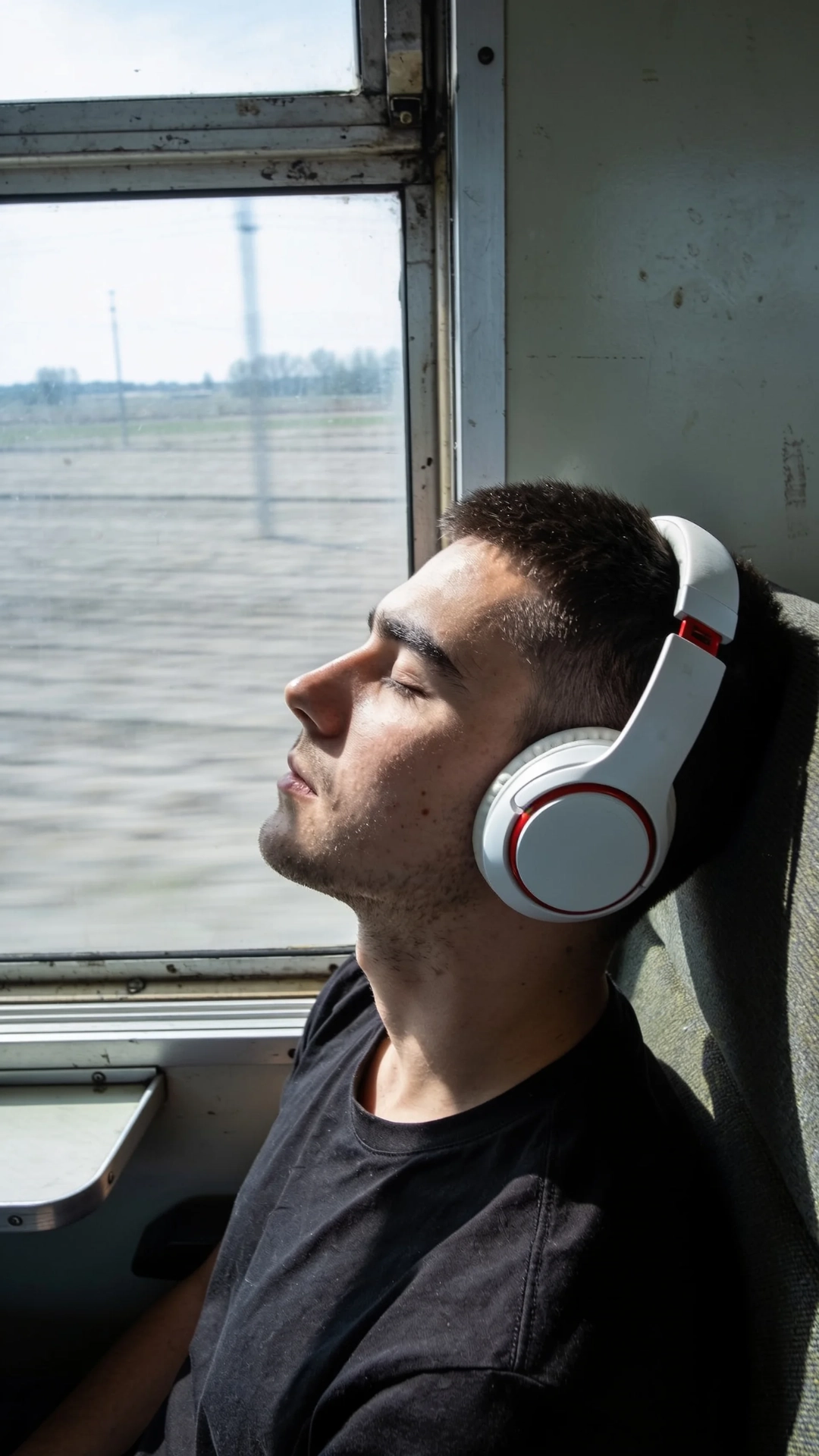Man in a black t-shirt wearing white over-ear headphones, eyes closed, resting against a train window as fields blur past
