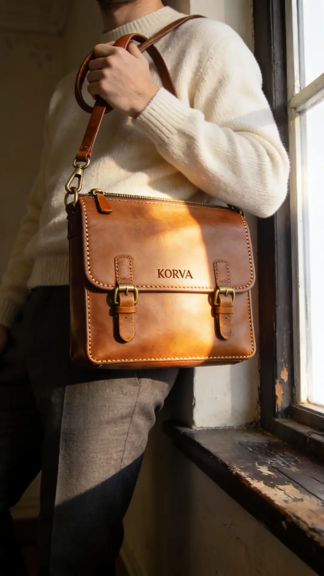Person in a cream knit sweater holding a tan leather KORVA satchel by its strap in hard window light