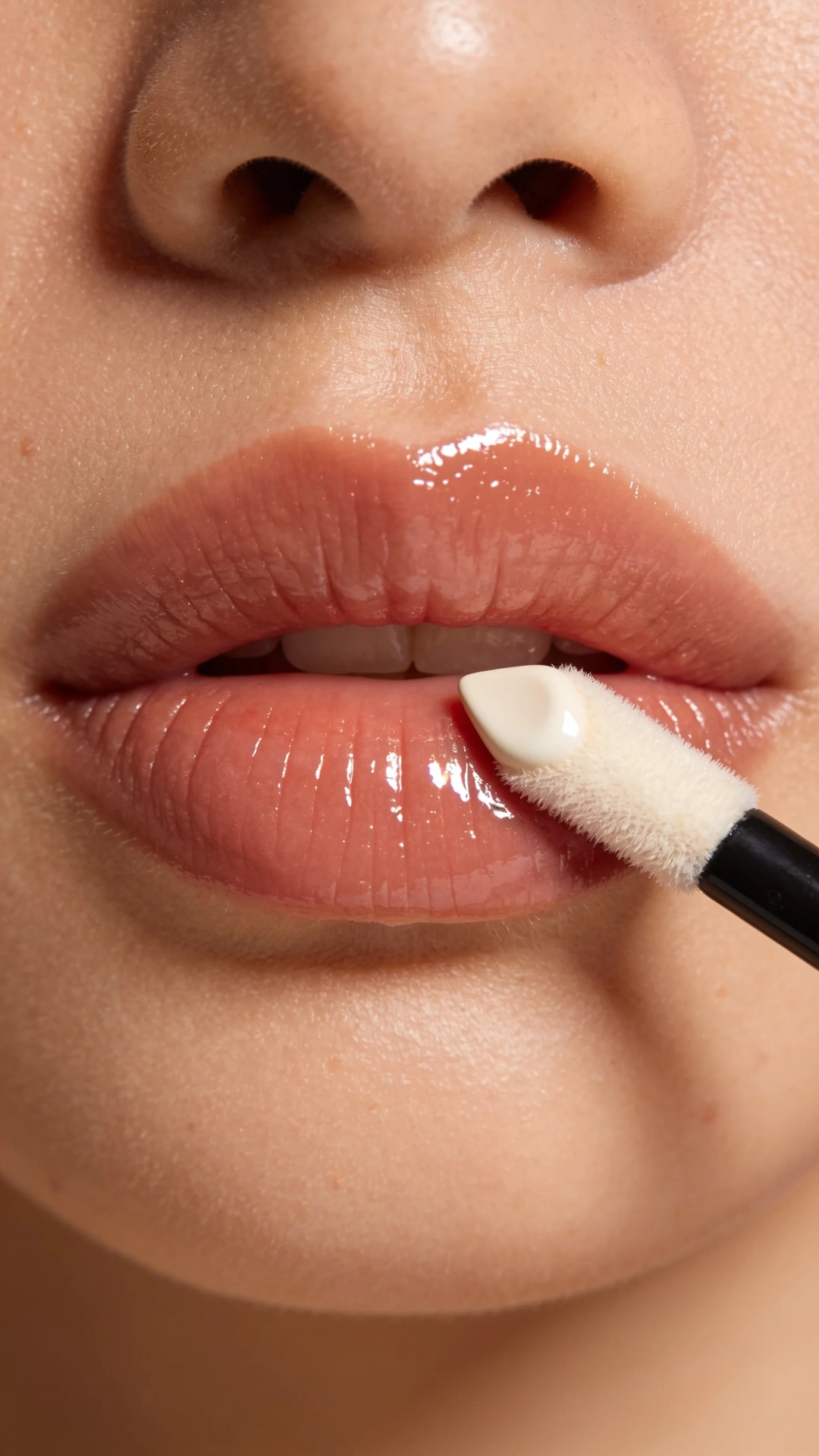 Close crop of lips being painted with a clear gloss wand, skin and gloss lit soft and warm