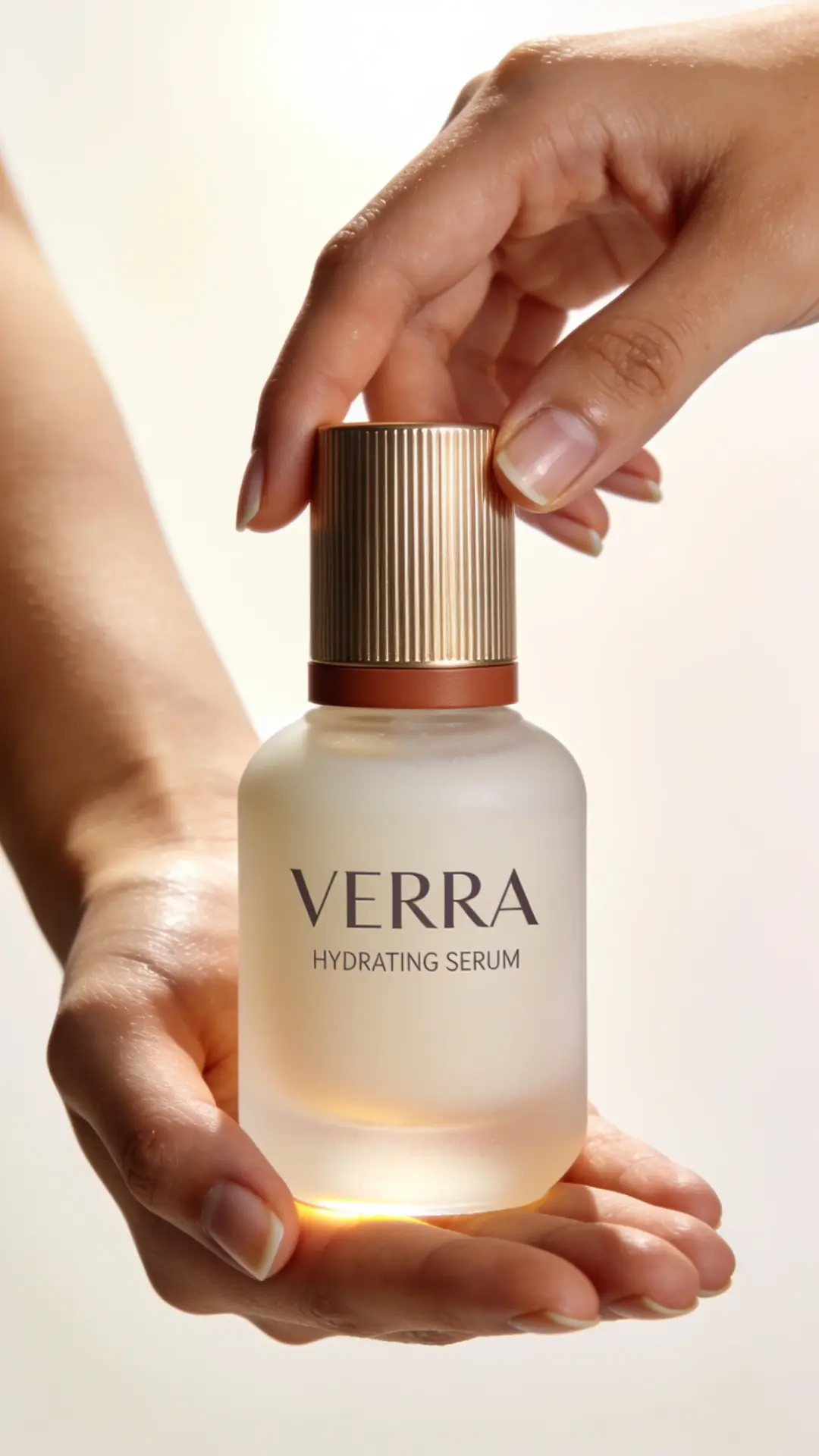 Two hands cradling a frosted glass VERRA hydrating serum bottle with a fluted gold cap, lit warm and soft