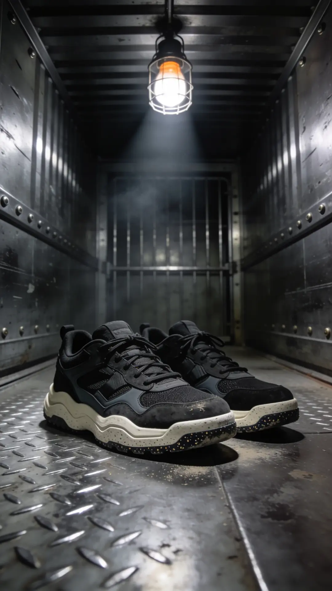 Black suede sneakers with cream soles on a metal floor in a freight lift, lit by a single caged bulb