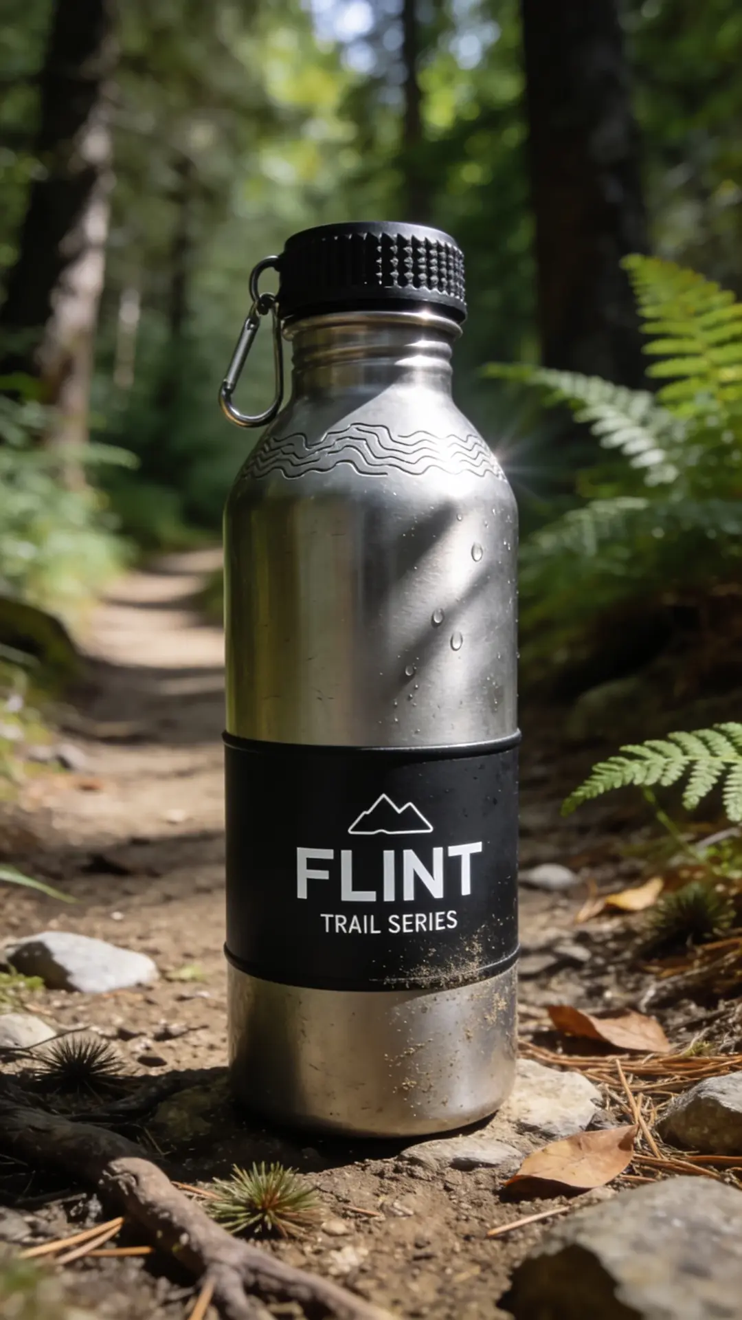 Brushed steel FLINT Trail Series water bottle standing on a forest path, ferns and dappled light around it