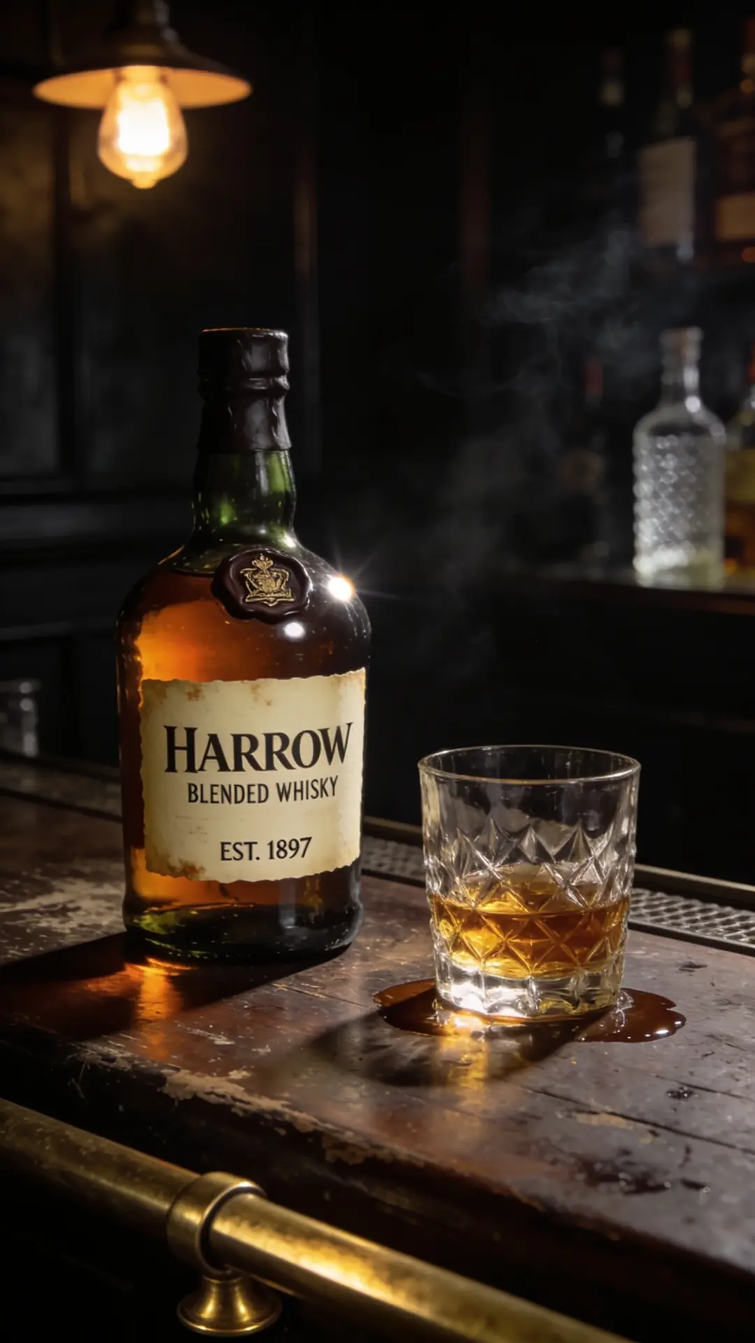 Bottle of Harrow blended whisky beside a cut-crystal glass on a worn bar top, smoke drifting under a hanging lamp